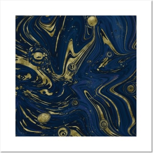 Gold Faux Glitter & Navy Blue Marble Abstract Art Posters and Art